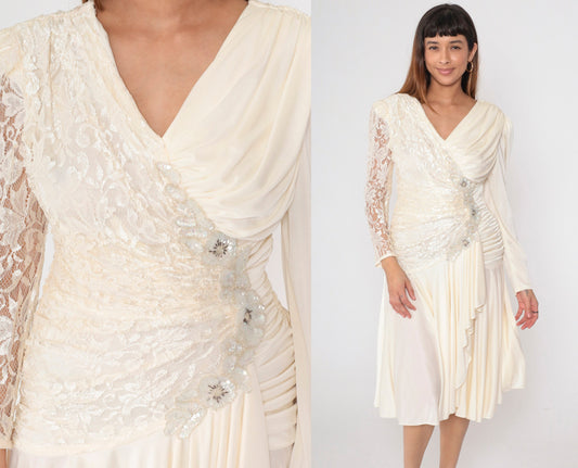 80s Off-White Lace Midi Dress Beaded Sequin V-Neck Puff Sleeve Small