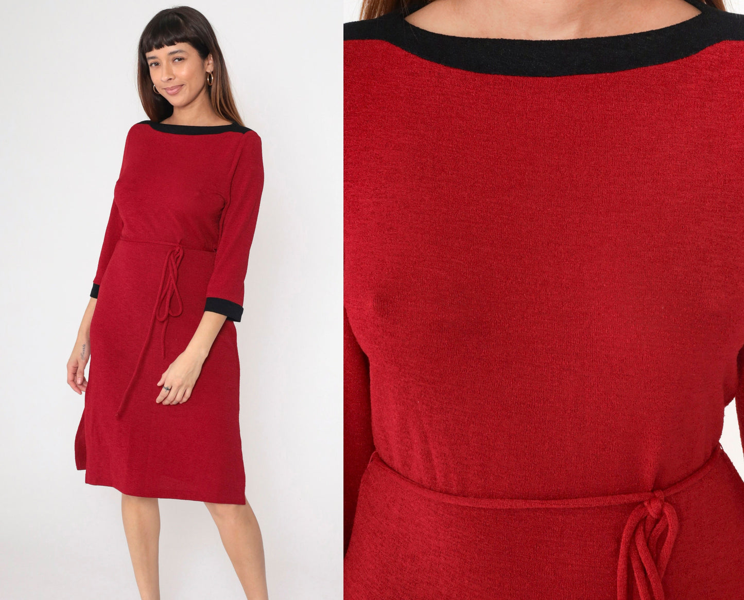 90s Red Shift Dress Boat Neck Black Trim Tie Belt Three-Quarter Sleeve Small Medium