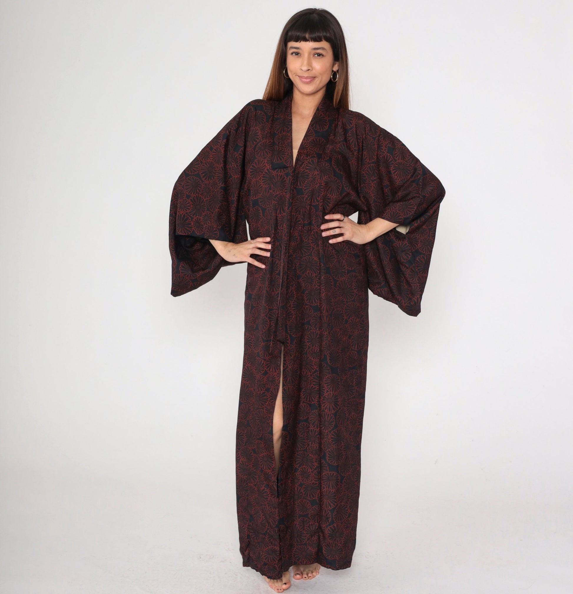 60s Black Kimono Robe Red Floral Print Full Length Maxi Large L