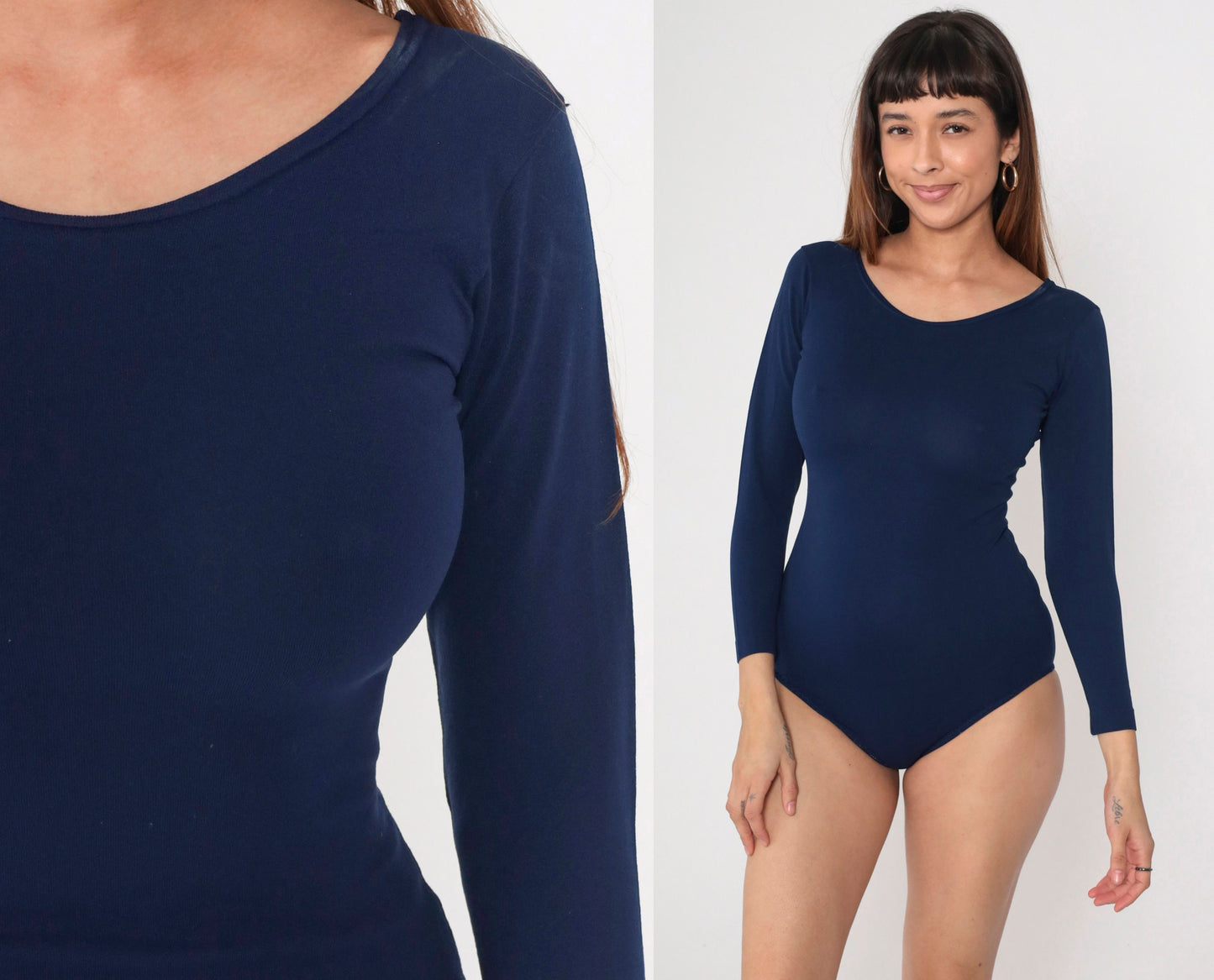 80s Danskin Navy Leotard Long Sleeve Scoop Neck Bodysuit Small