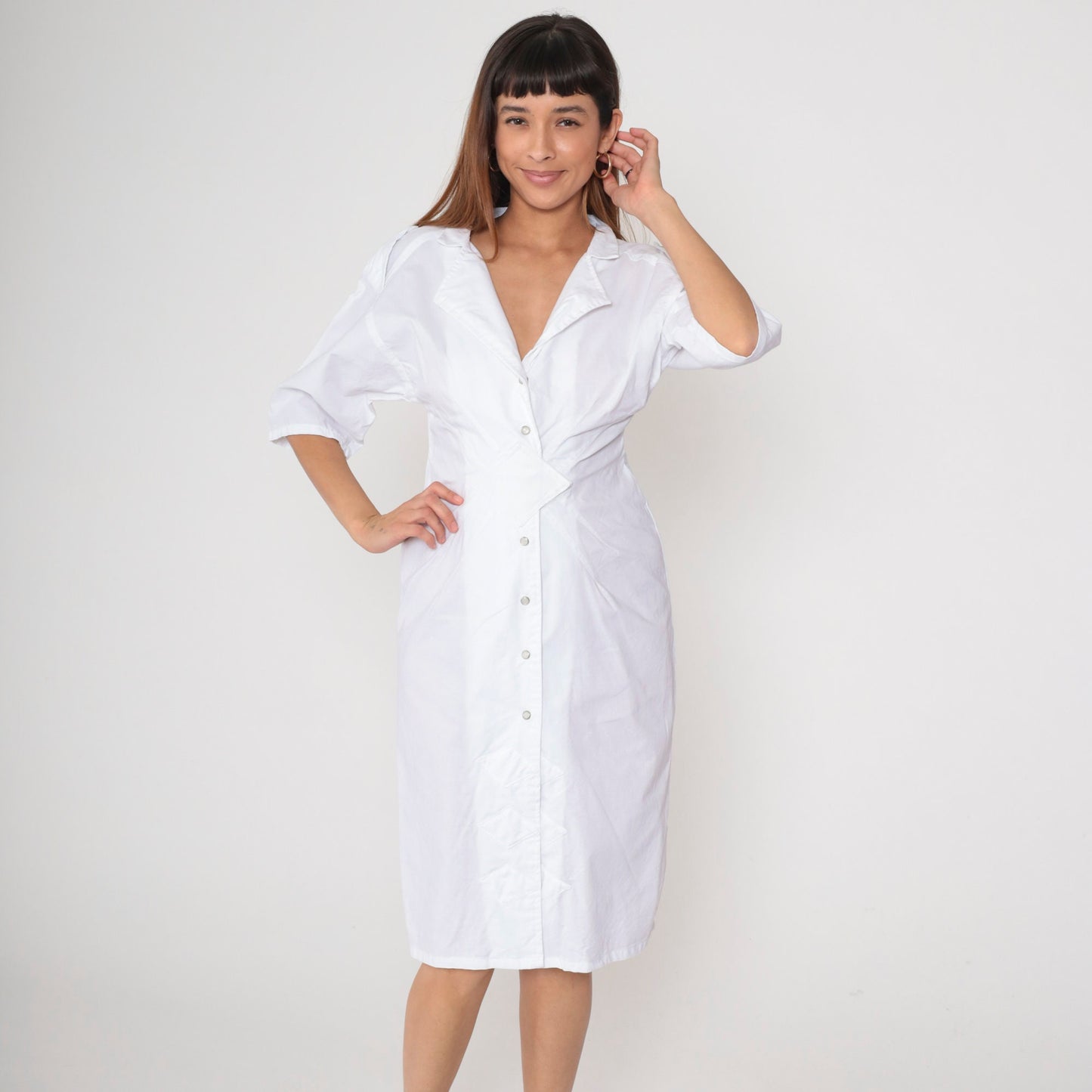 80s White Cotton Midi Dress Notched Collar Pearl Snap Diamond Inset Small