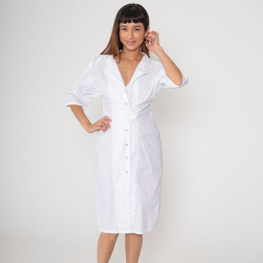 80s White Cotton Midi Dress Notched Collar Pearl Snap Diamond Inset Small