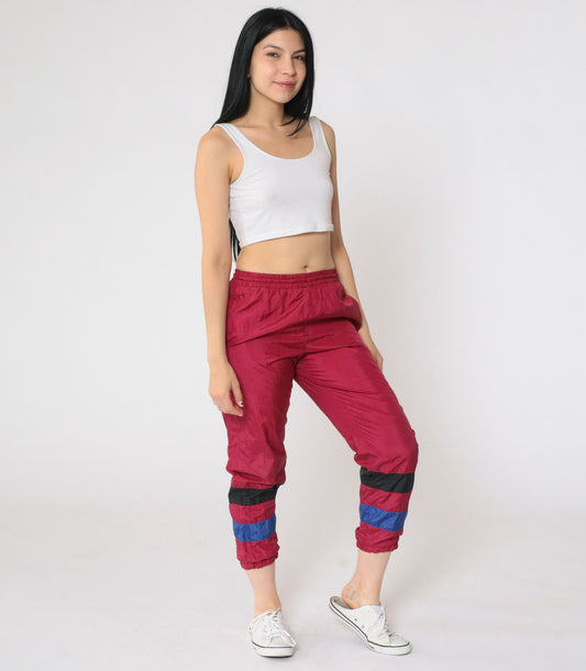 90s Raspberry Nylon Track Pants Striped Kids Medium