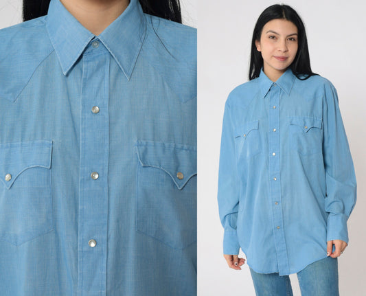 80s Blue Pearl Snap Western Shirt Men's Medium Long Sleeve Button Up