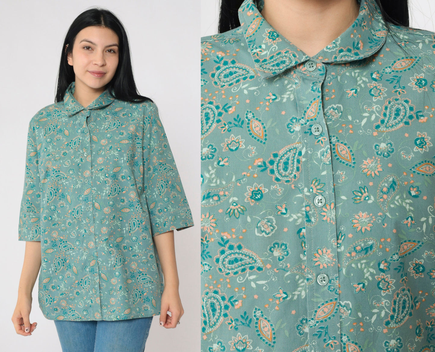 Y2K Green Orange Paisley Button-Up Blouse 3/4 Sleeve Collared Top Medium