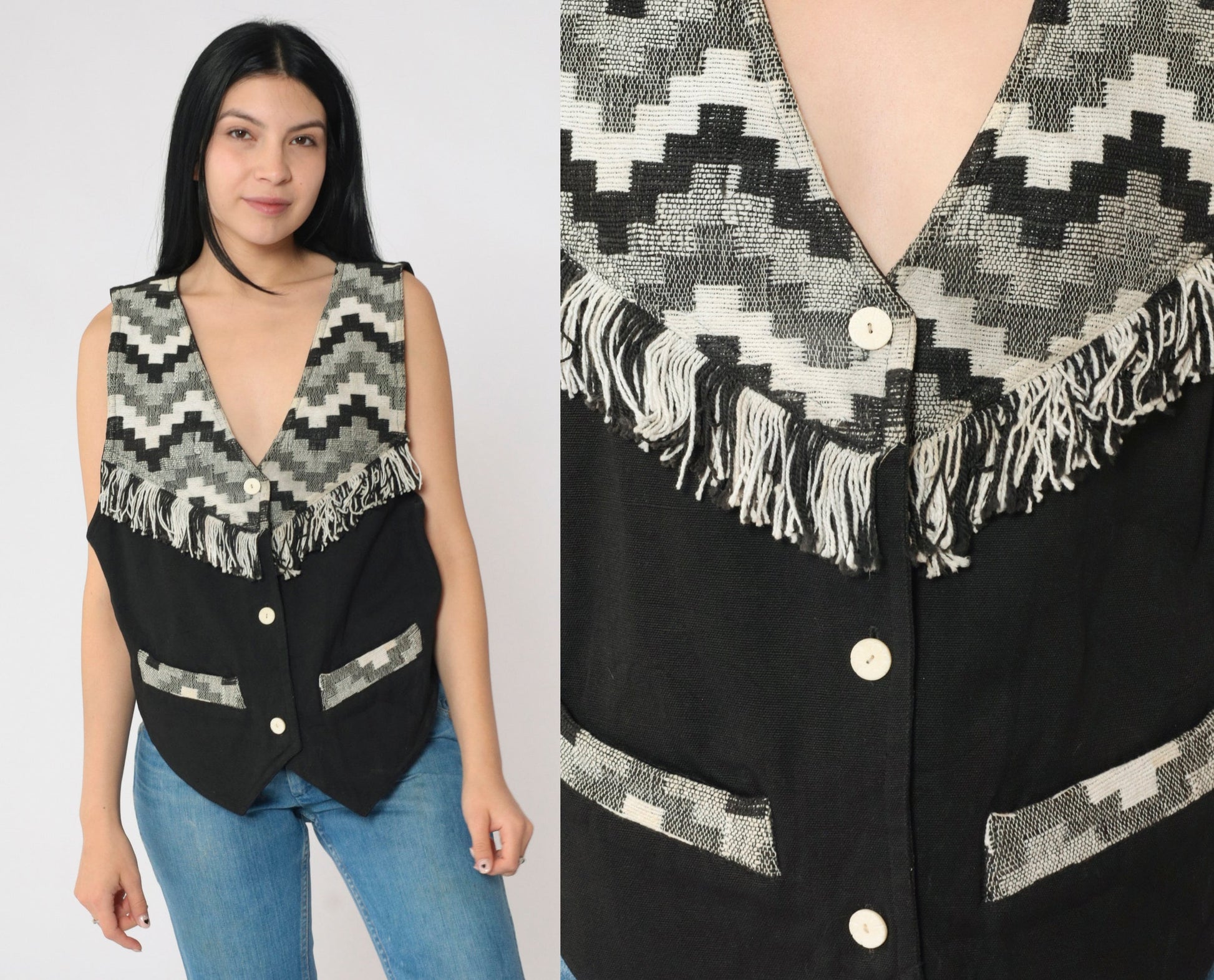 90s Southwestern Tapestry Vest Fringe Trim Black White Geometric Button Up Medium