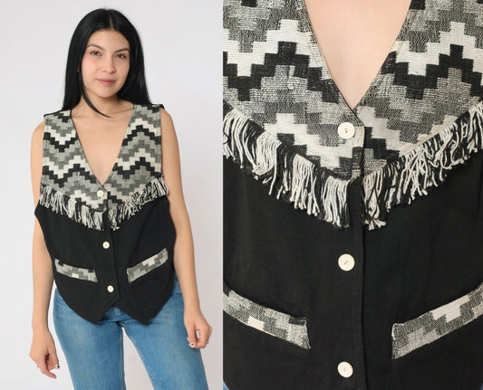 90s Southwestern Tapestry Vest Fringe Trim Black White Geometric Button Up Medium