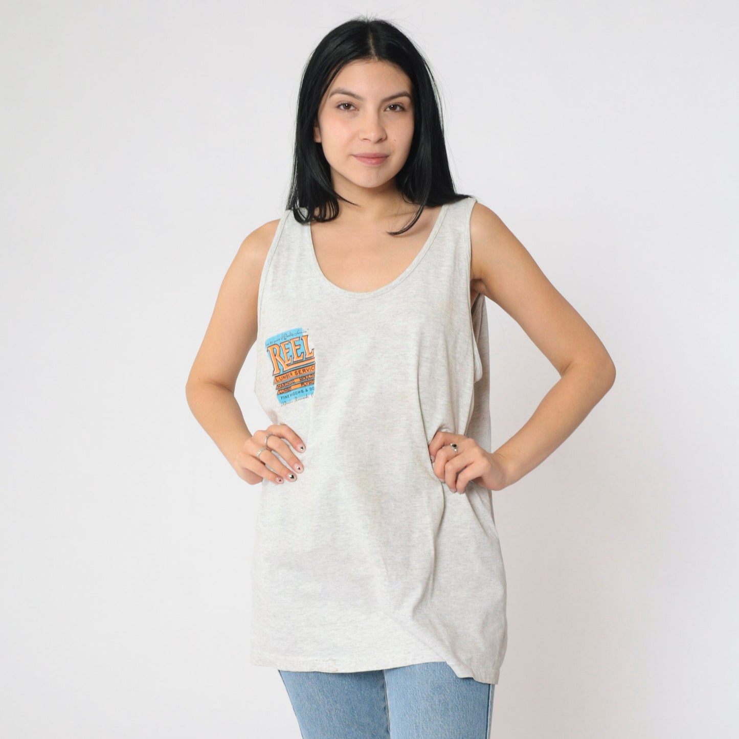 90s Reel Lumber Service Graphic Tank Top Beaver Cartoon Grey Extra Large XL