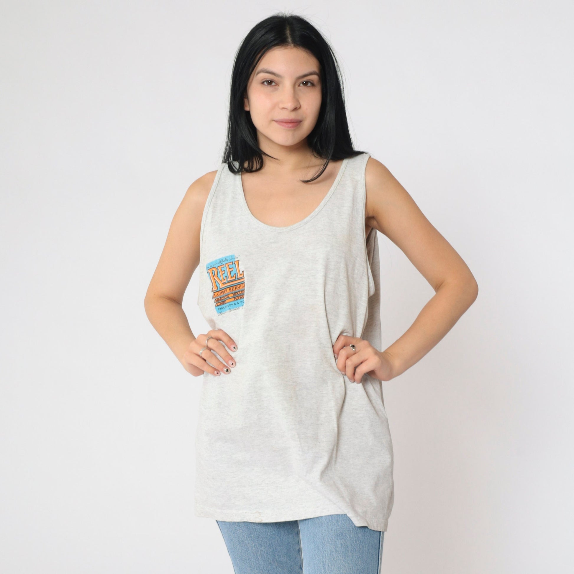 90s Reel Lumber Service Graphic Tank Top Beaver Cartoon Grey Extra Large XL