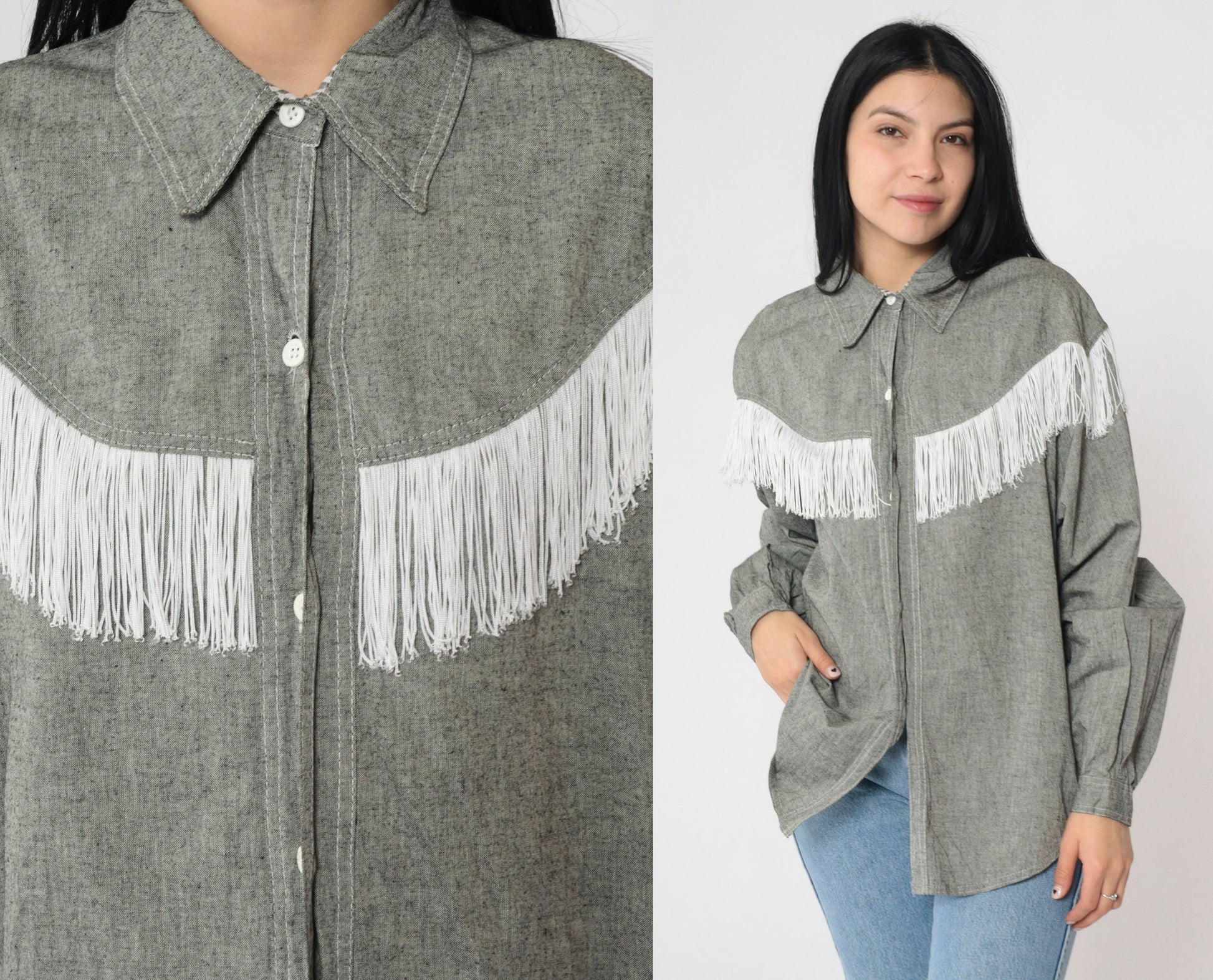 90s Lillie Rubin Western Fringe Shirt Grey Cotton Button-Up Large L