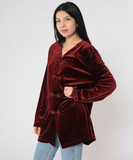 Y2K Burgundy Velvet Mandarin Collar Blouse Frog Closure Long Sleeve Large
