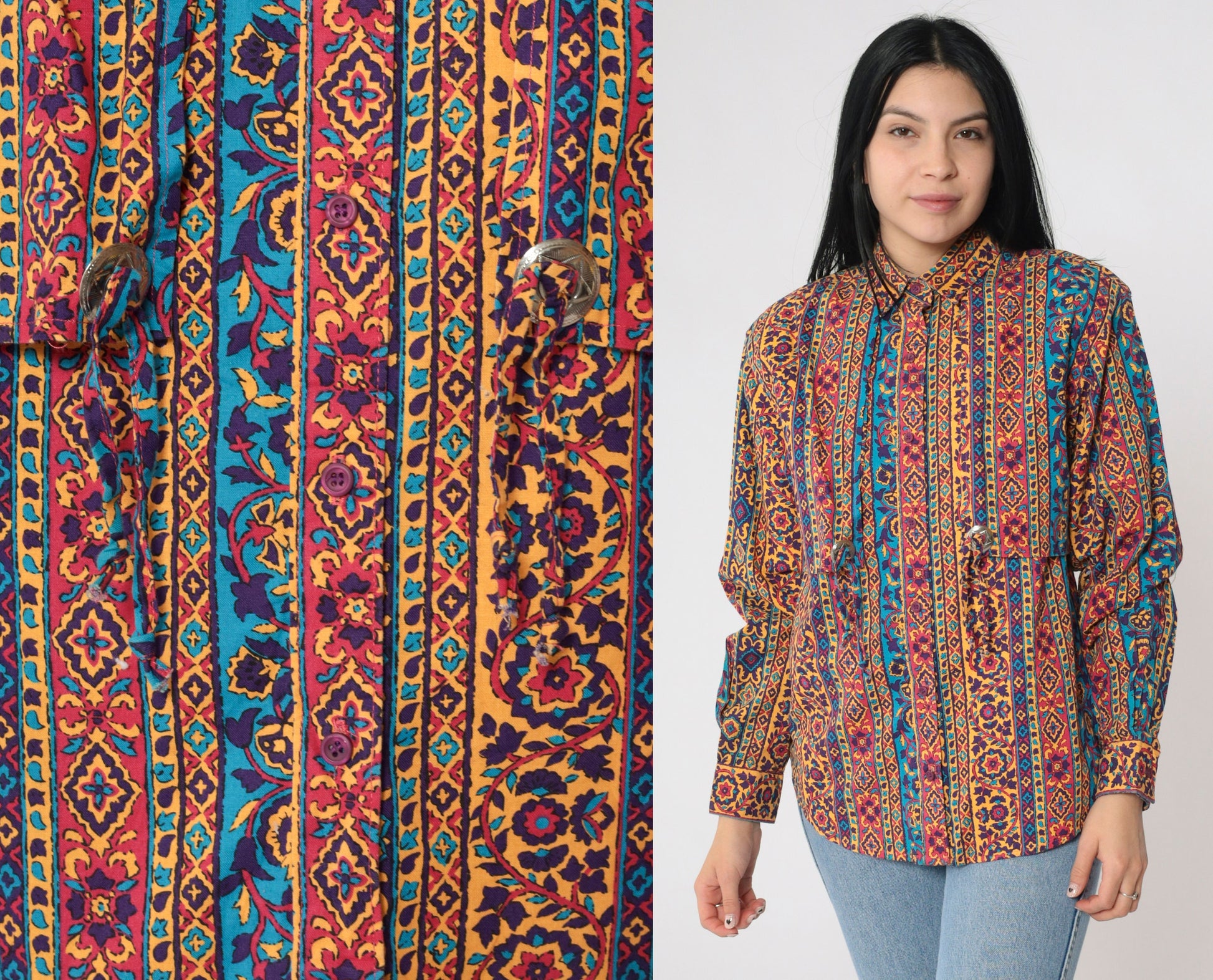 90s Frontier Series Western Floral Button Up Shirt Concho Medium