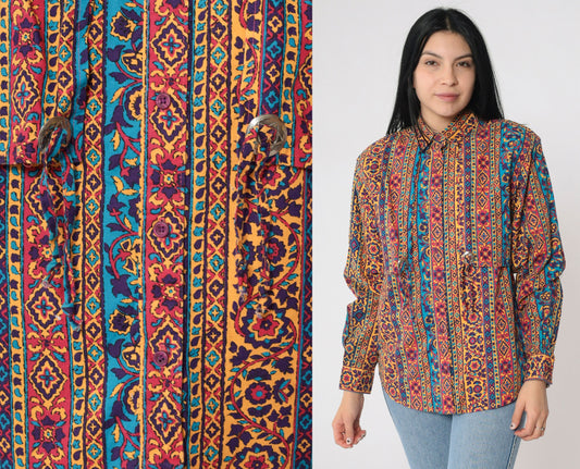 90s Frontier Series Western Floral Button Up Shirt Concho Medium