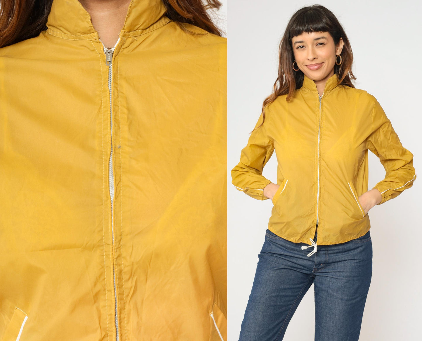 70s Mustard Yellow Windbreaker Jacket Zip Up White Trim Extra Small