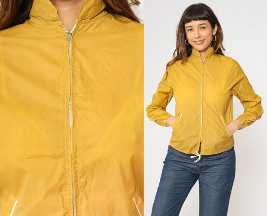 70s Mustard Yellow Windbreaker Jacket Zip Up White Trim Extra Small