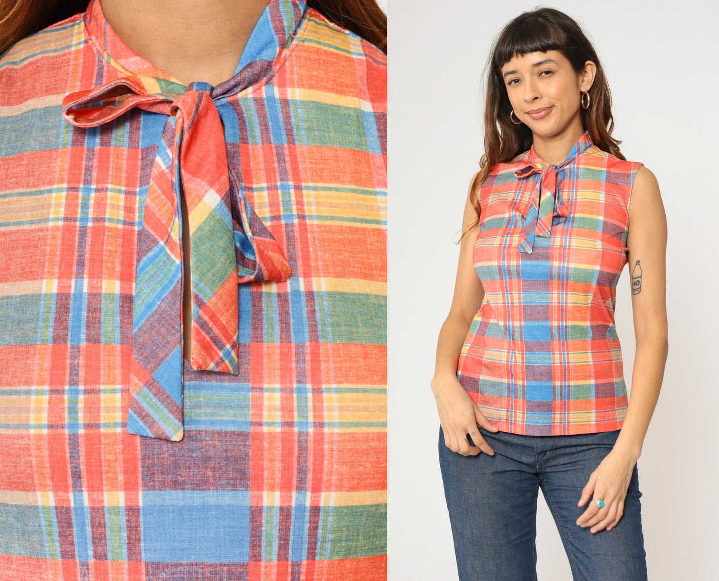 70s Checkered Tank Top Ascot Neckline Sleeveless Blouse Orange Blue Yellow Small