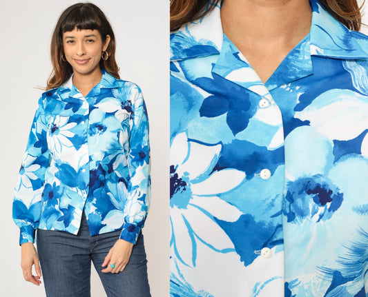 70s Kamehameha Floral Button-Up Blouse Blue White Long Sleeve Small