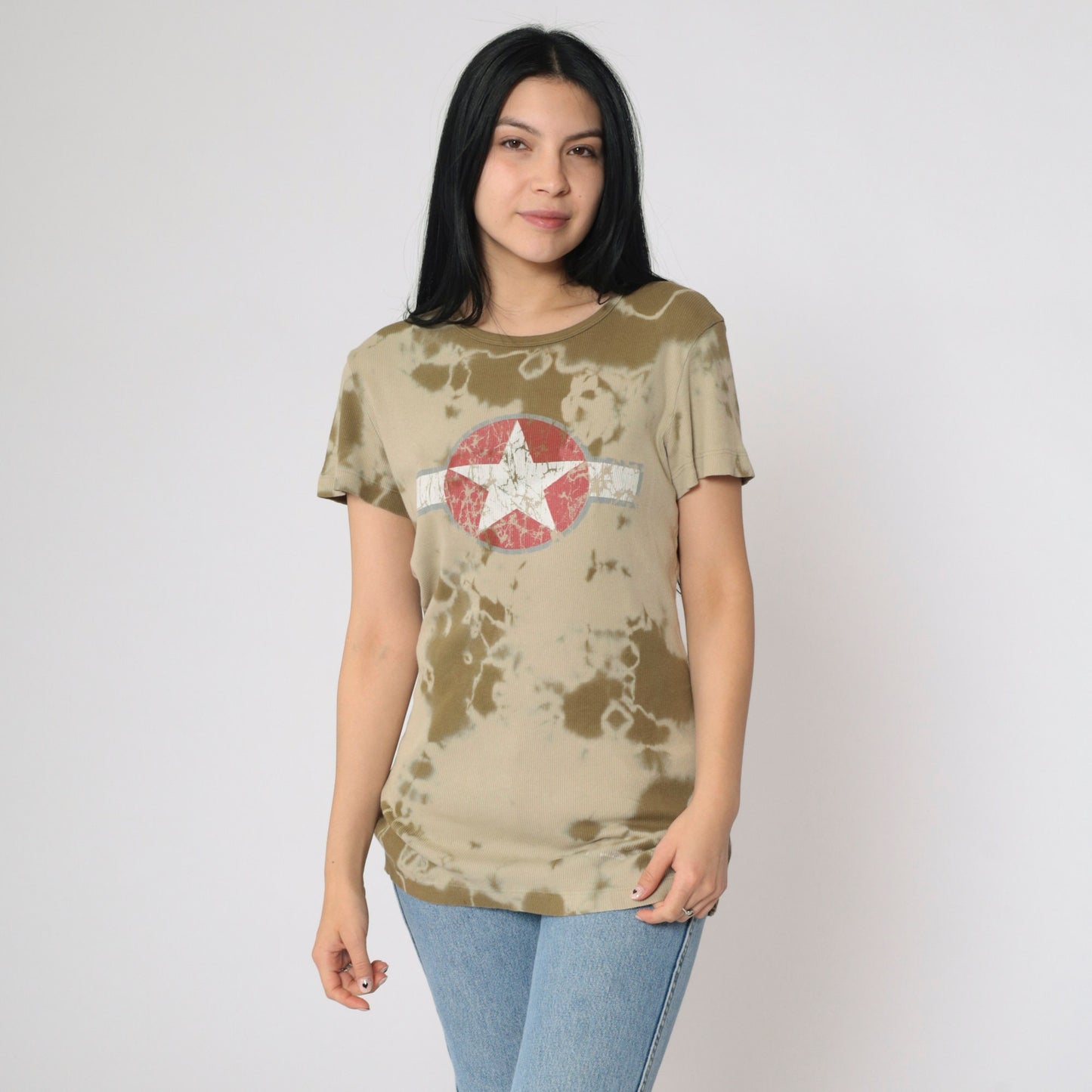 Y2K Sledge USA Star Emblem Tie-Dye Graphic Tee Olive Khaki Large L
