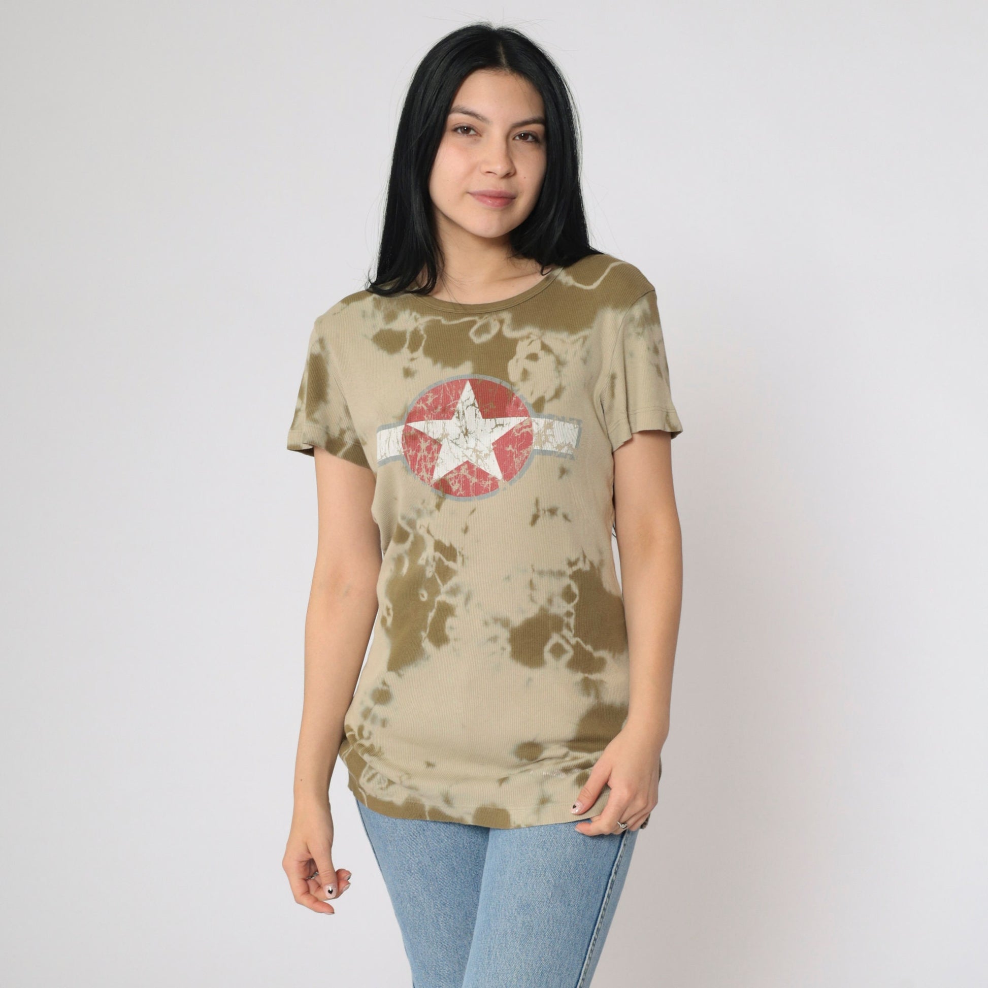 Y2K Sledge USA Star Emblem Tie-Dye Graphic Tee Olive Khaki Large L