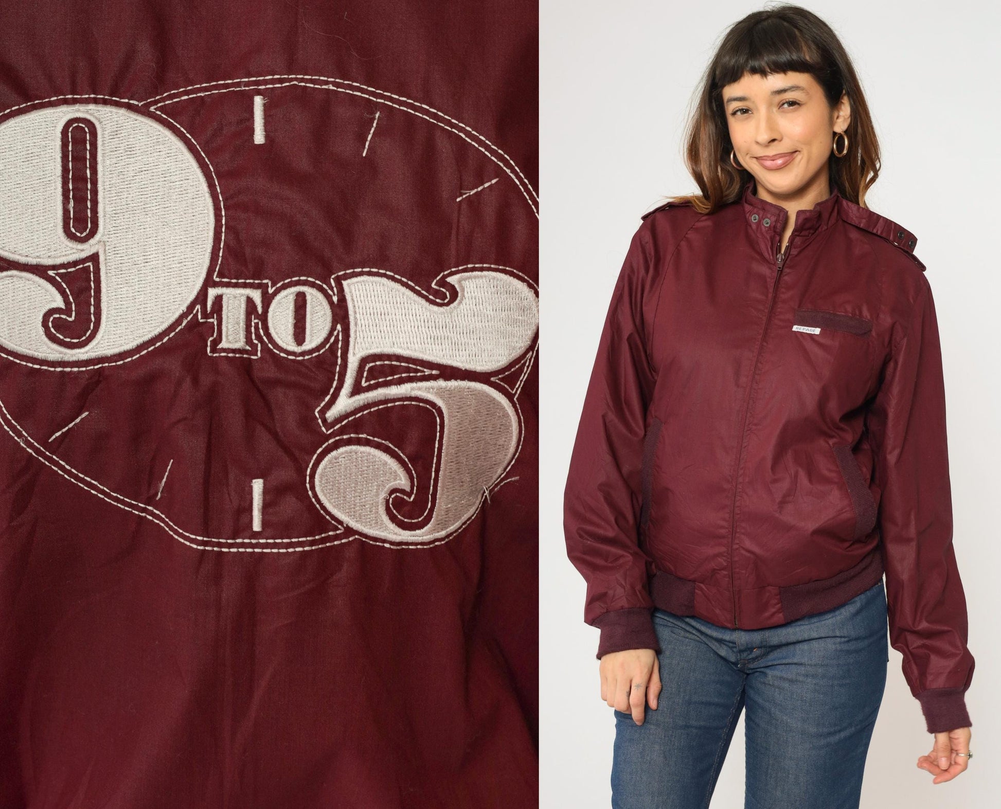 80s Burgundy Windbreaker Jacket 9 to 5 Clock Graphic Epaulette Zip-Up Small