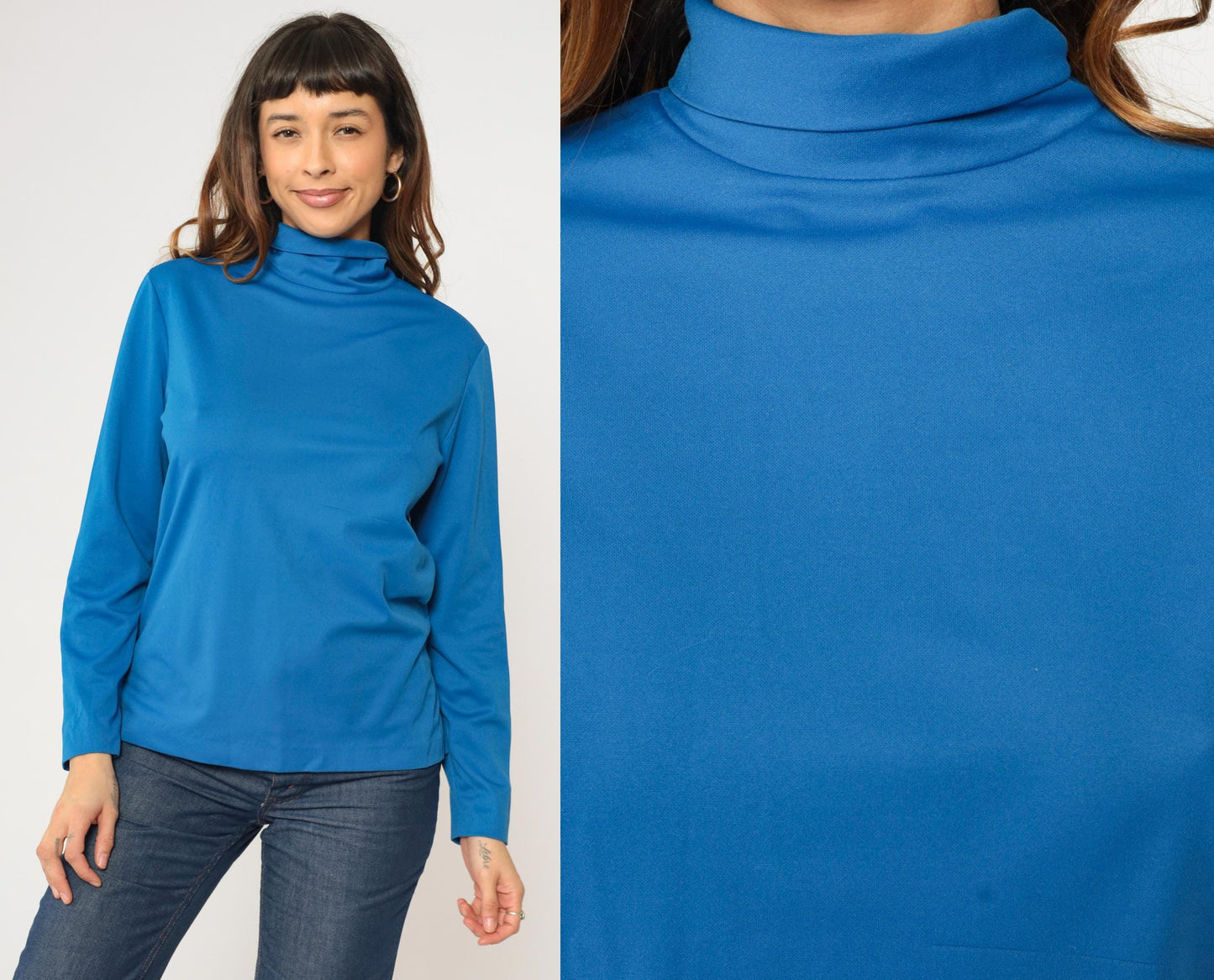 70s Bright Blue Turtleneck Long Sleeve Polyester Shirt Medium