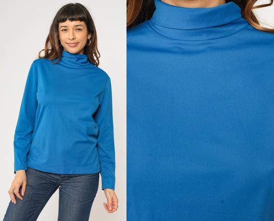 70s Bright Blue Turtleneck Long Sleeve Polyester Shirt Medium