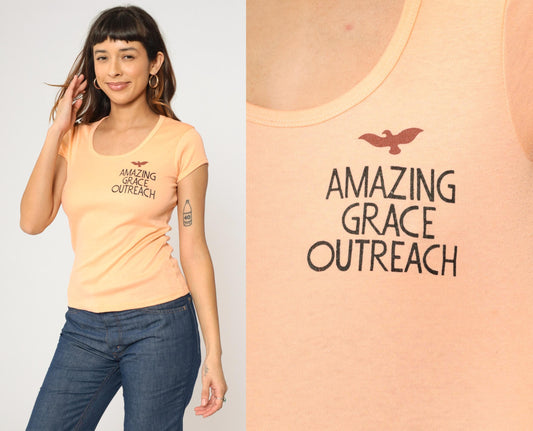70s Amazing Grace Outreach Peach Graphic Tee Bible Verse Dove Small S