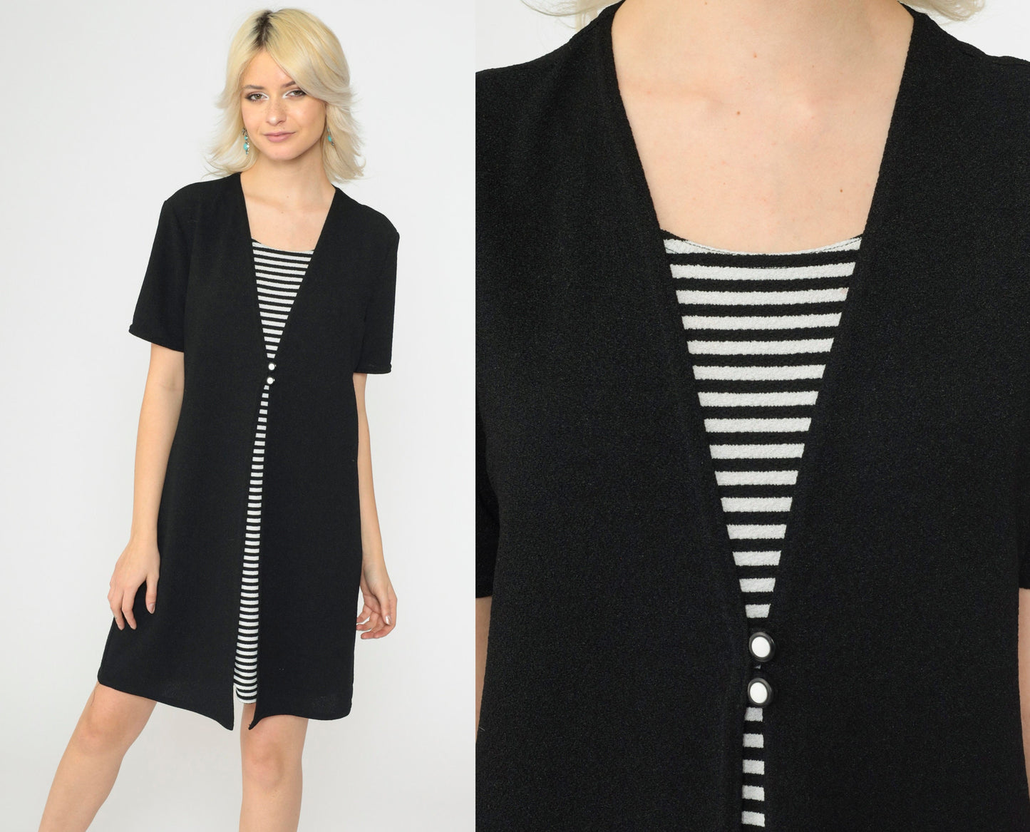 90s Black Striped Knit Dress Button Front V-Neck Short Sleeve Medium