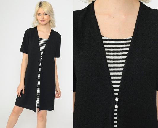 90s Black Striped Knit Dress Button Front V-Neck Short Sleeve Medium