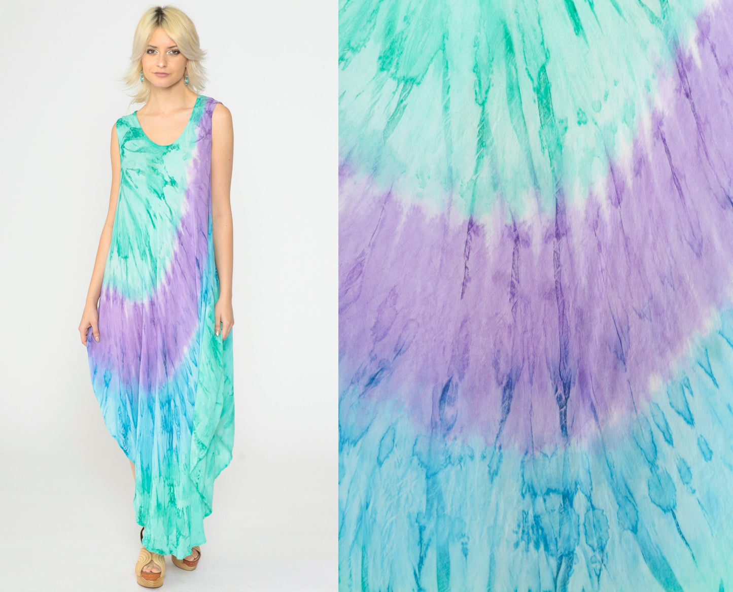 Y2K Tie-Dye Asymmetrical Sundress Sleeveless Scoop Neck Green Purple Blue XXL