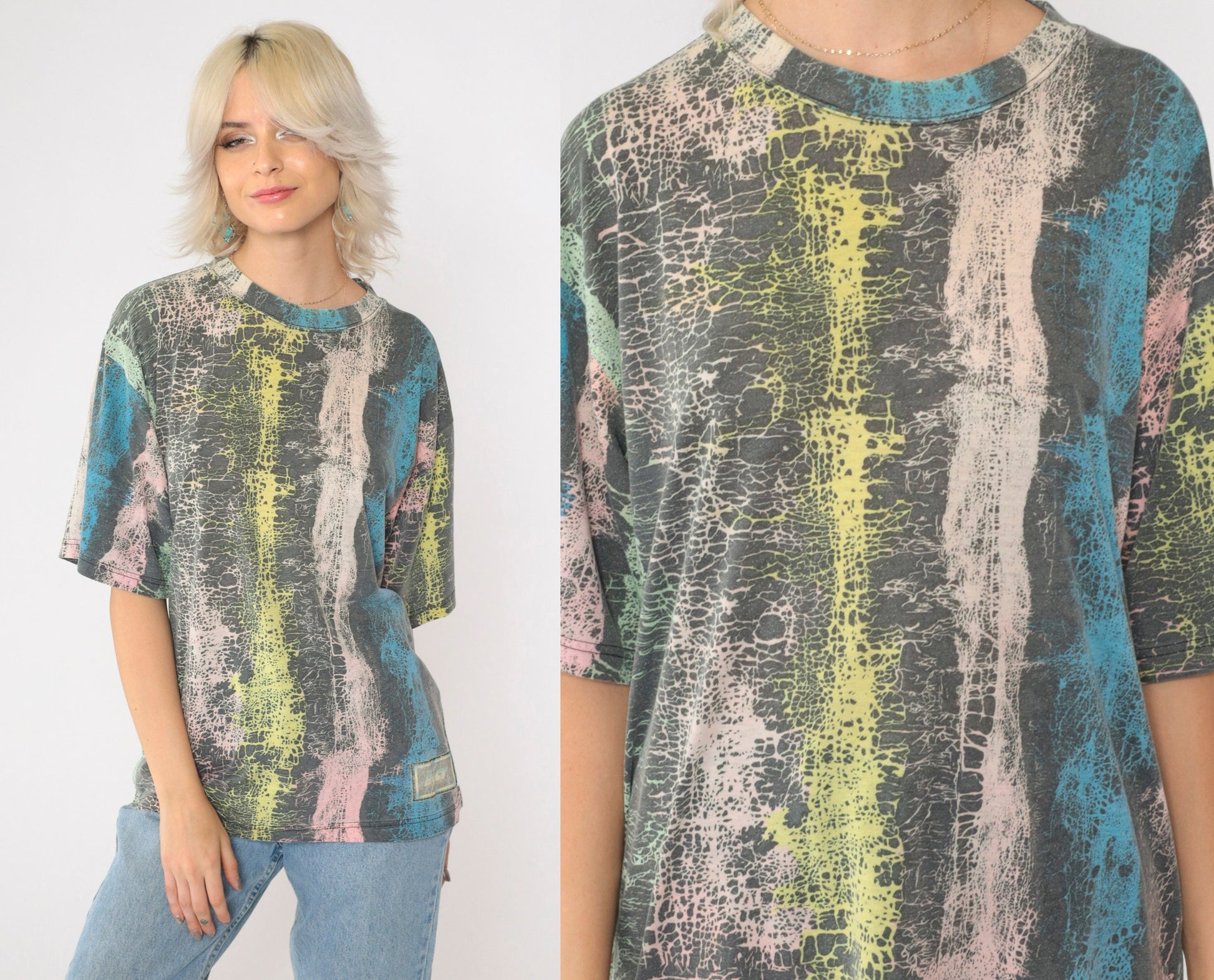 90s Lightning Bolt Abstract Crackle Stripe T-Shirt Pastel Crew Neck Medium