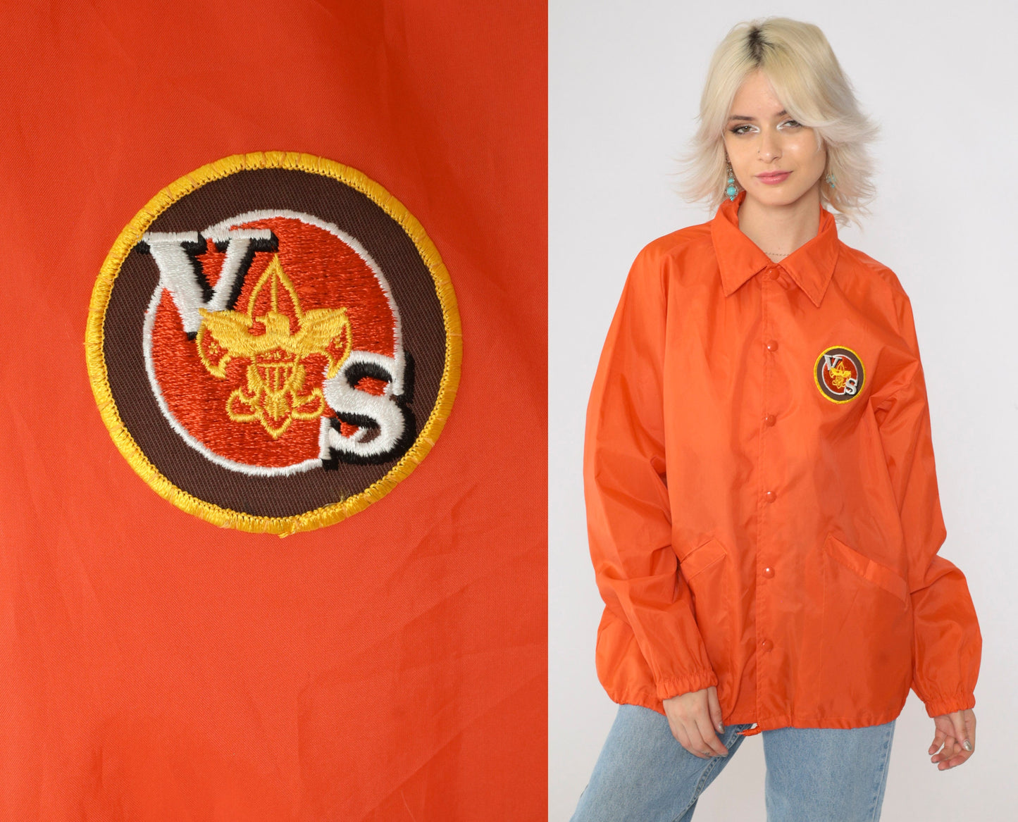 70s Boy Scouts of America Varsity Scout Orange Nylon Windbreaker Jacket Large L