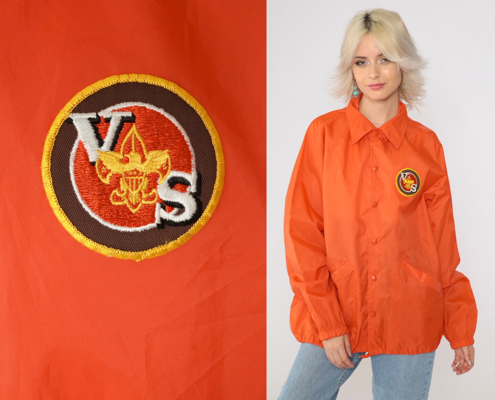 70s Boy Scouts of America Varsity Scout Orange Nylon Windbreaker Jacket Large L