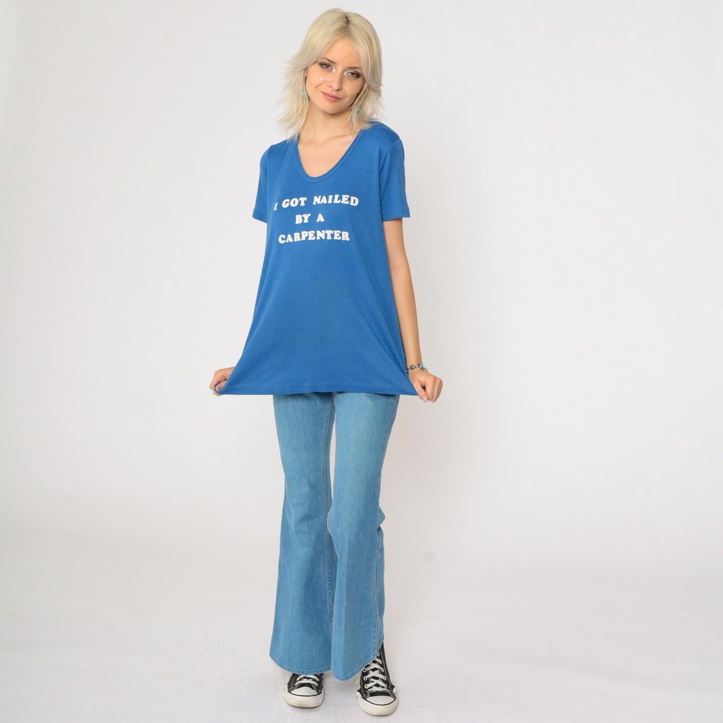 80s Maternity Graphic T-Shirt I Got Nailed By A Carpenter Blue Medium