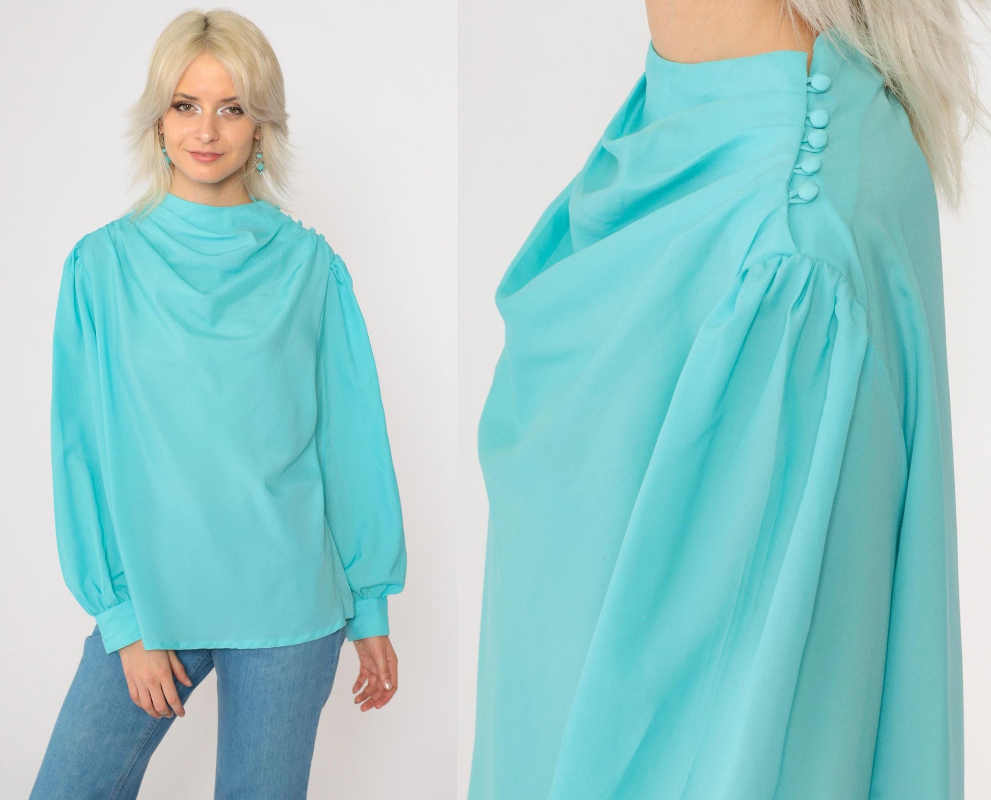70s Diane Von Furstenberg Cowl Neck Blouse Aqua Blue Long Sleeve Medium