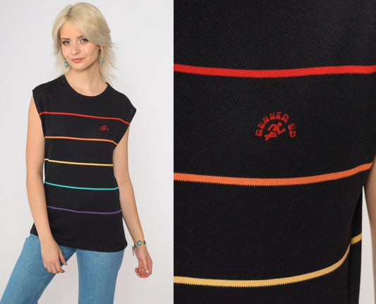 80s Runners Up Rainbow Striped Tank Top Black Muscle Shirt Small