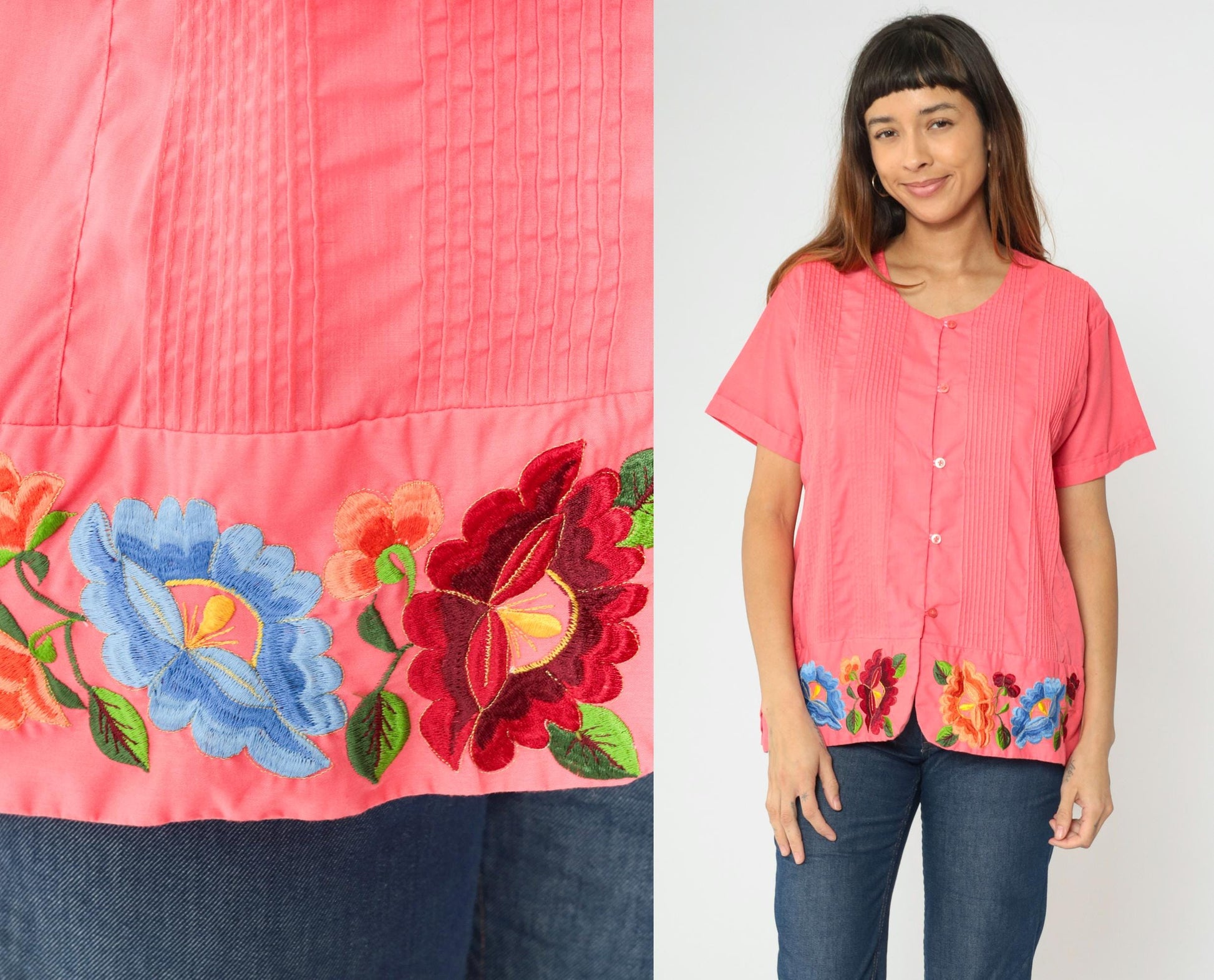 90s Pink Floral Embroidered Button-Up Blouse Pintuck Short Sleeve Medium