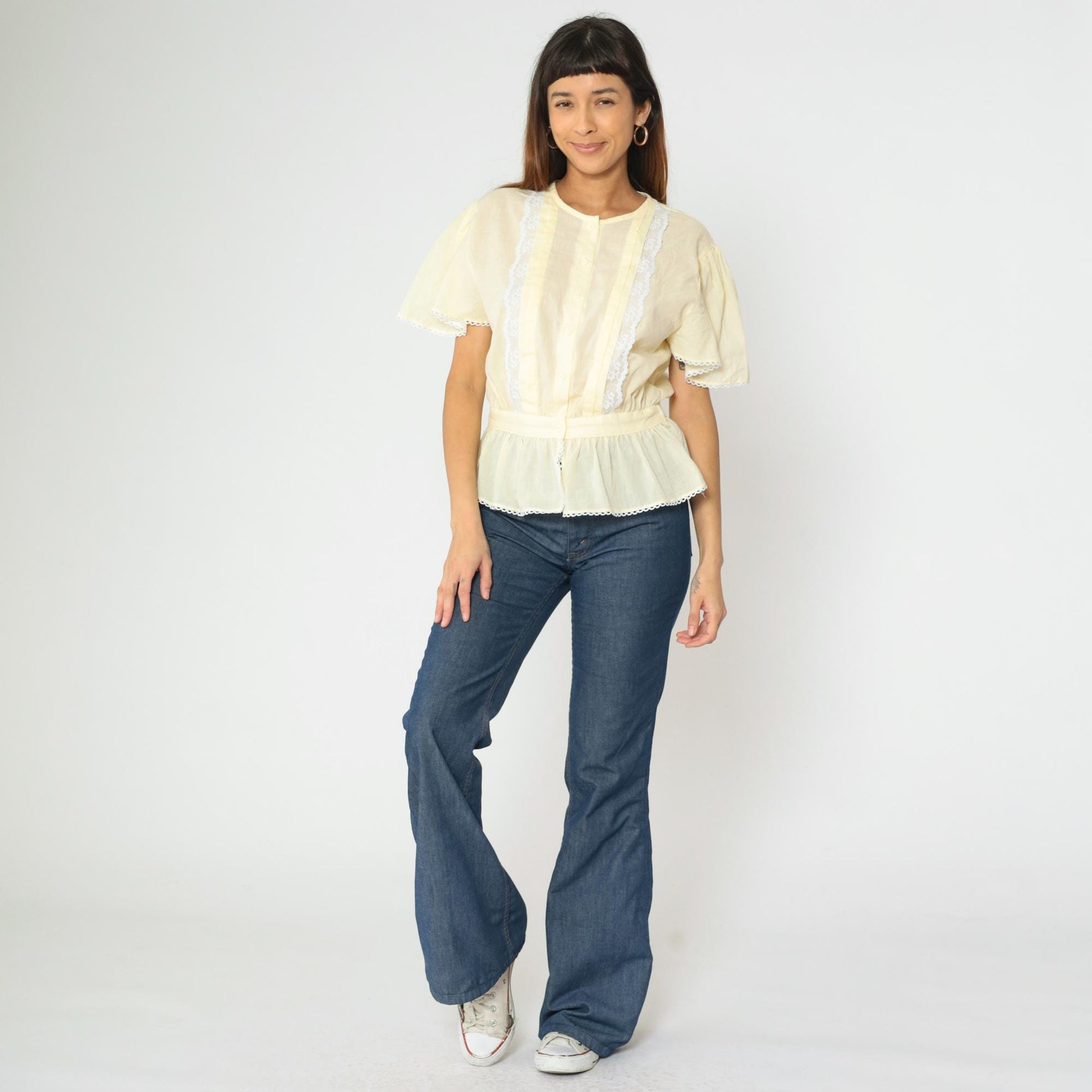80s Pastel Yellow Puff Sleeve Blouse Lace Trim Peplum Button Up Medium