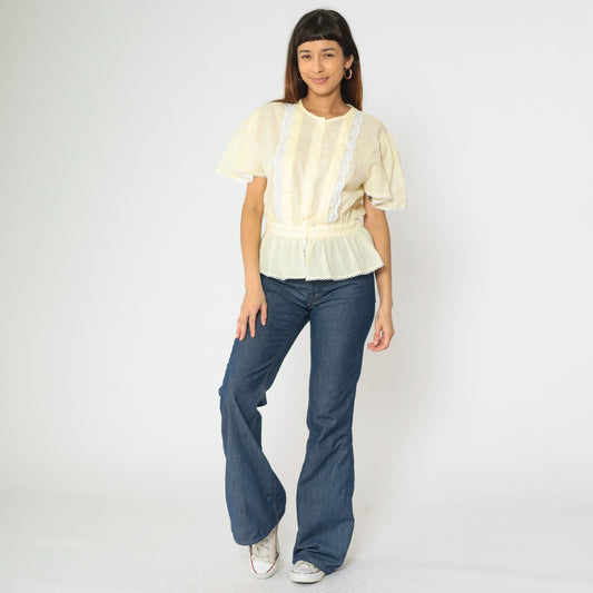 80s Pastel Yellow Puff Sleeve Blouse Lace Trim Peplum Button Up Medium