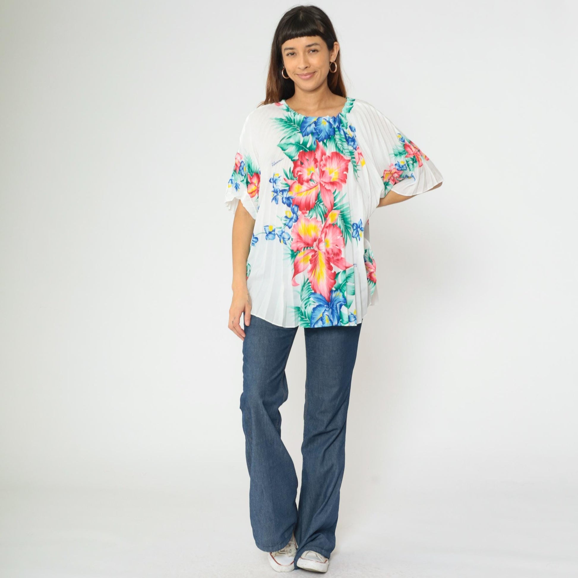 70s Royal Creations Hawaiian Caftan Top Floral Pleated Kimono One Size