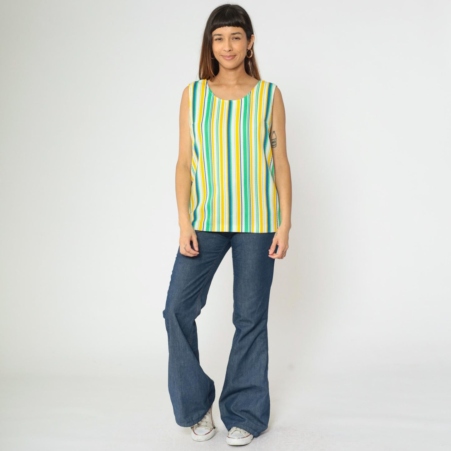 70s Striped Tank Top Scoop Neck Sleeveless Blouse Yellow Green Blue Small