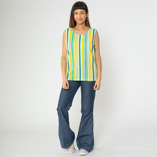 70s Striped Tank Top Scoop Neck Sleeveless Blouse Yellow Green Blue Small