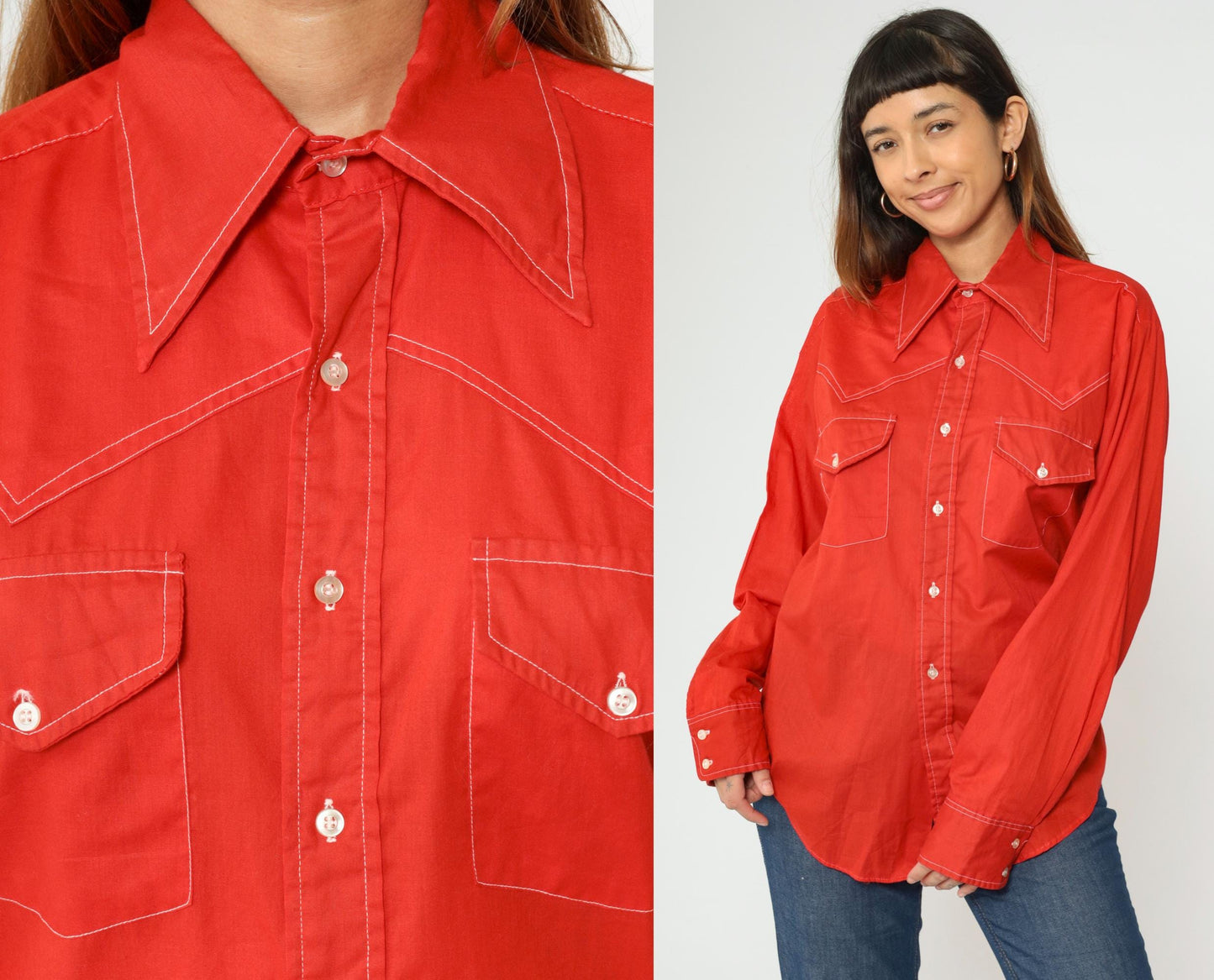 70s Van Cort Western Shirt Red Dagger Collar Topstitch Button Up Large