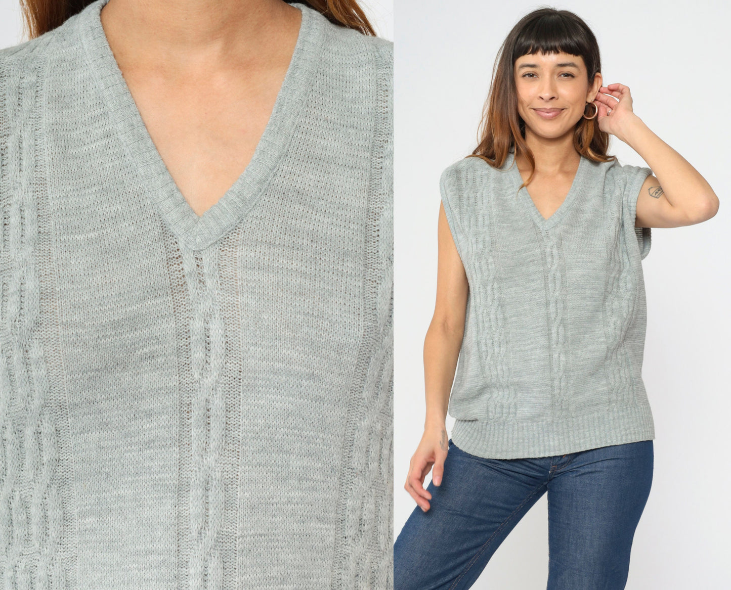 90s Steeplechase Cable Knit Vest Grey V-Neck Sleeveless Pullover Large L