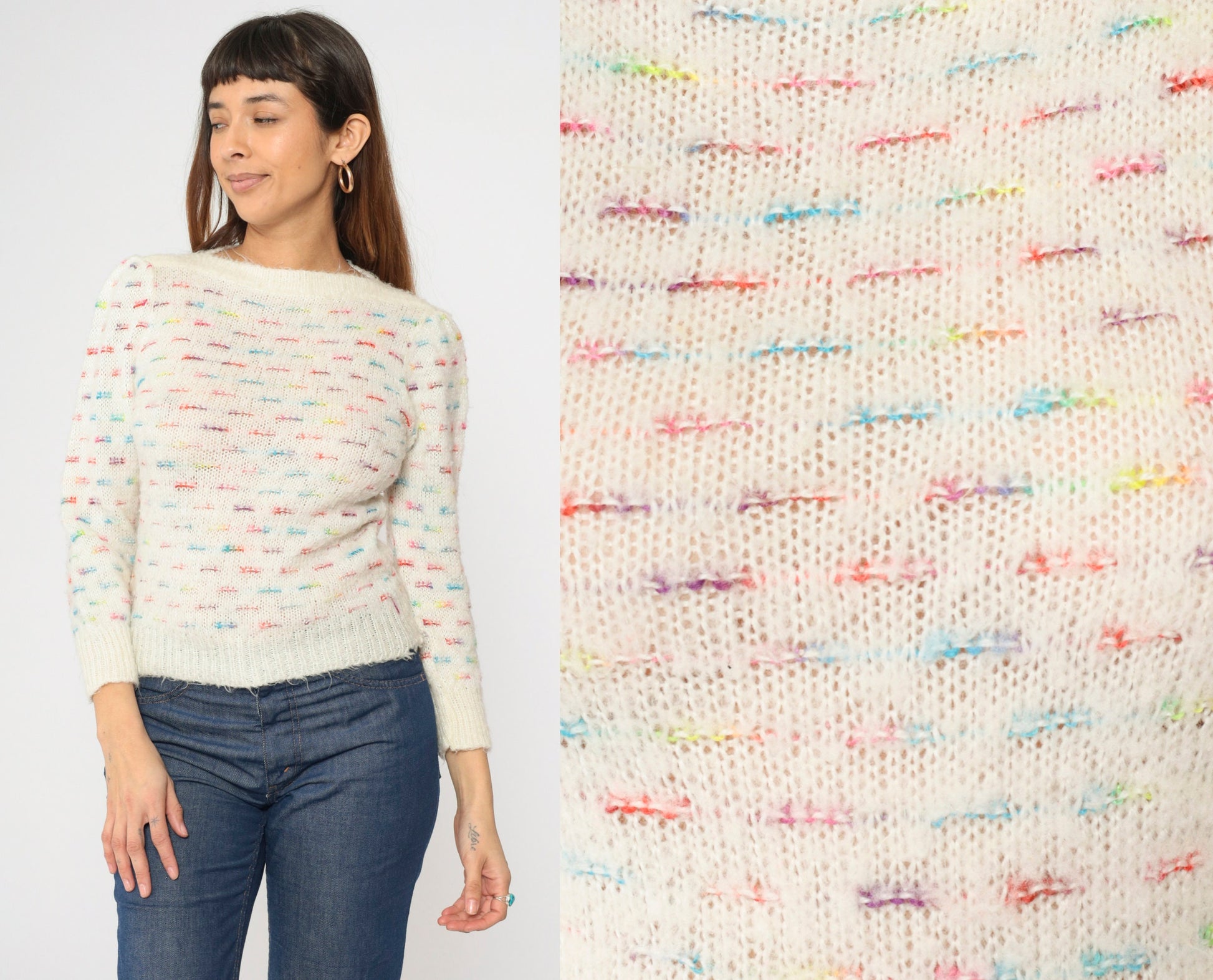 80s White Rainbow Striped Puff Sleeve Knit Sweater Boatneck Pullover XS