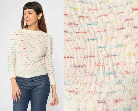 80s White Rainbow Striped Puff Sleeve Knit Sweater Boatneck Pullover XS