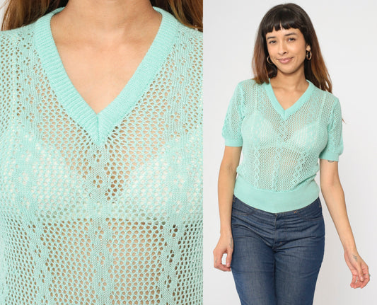 80s Aqua Open Weave Knit Sweater Top V-Neck Short Sleeve Extra Small