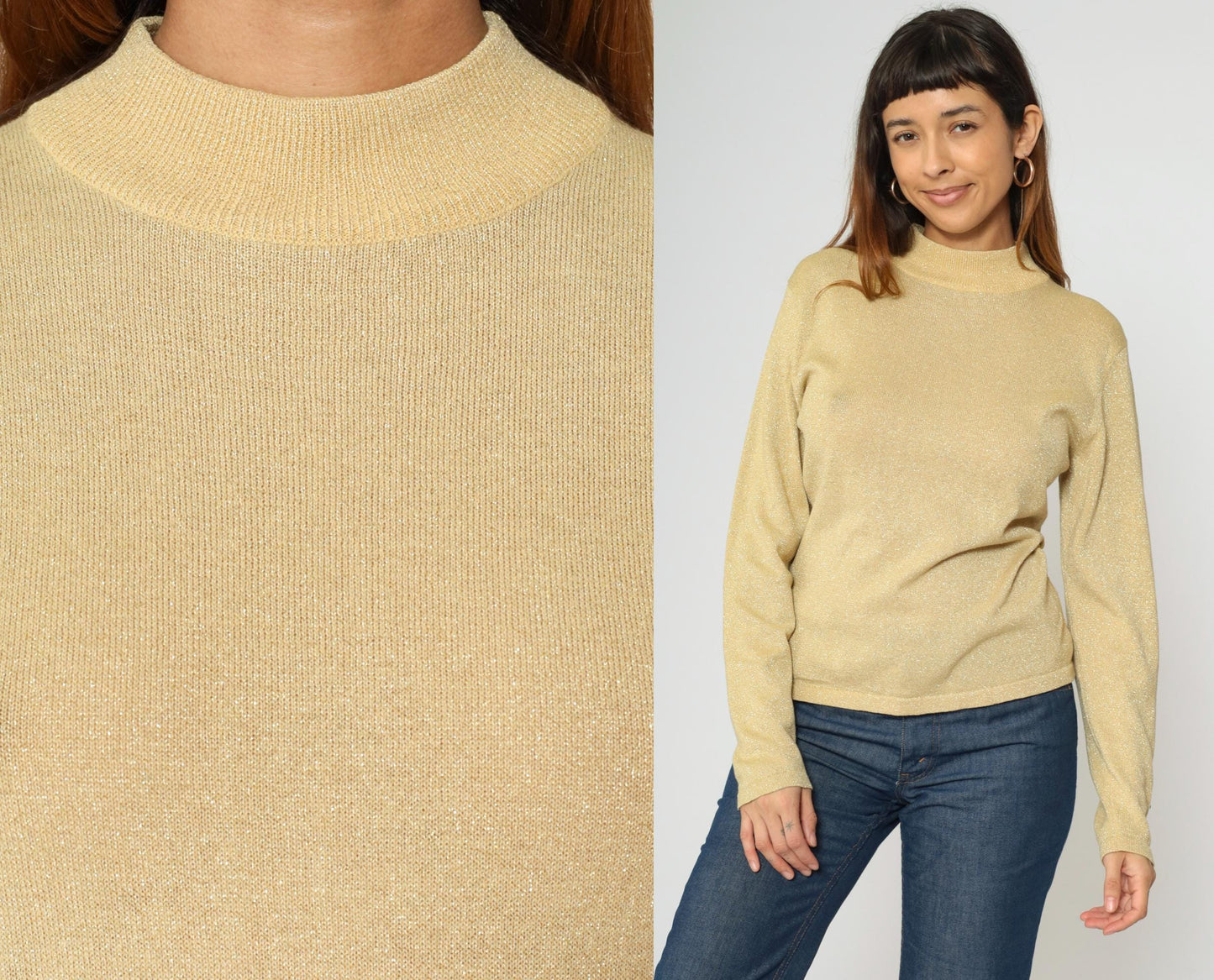 90s Metallic Gold Mock Neck Sweater Sparkly Knit Pullover Medium