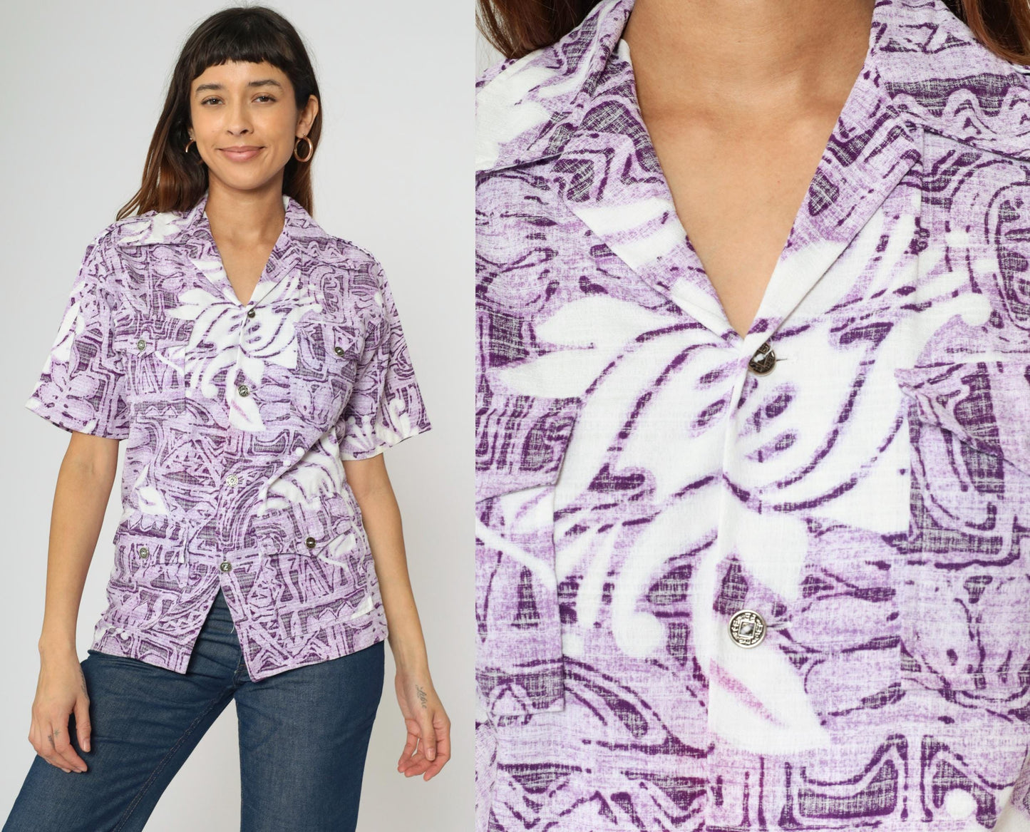 70s Rai Dani Hawaii Purple Floral Geometric Button-Up Shirt Extra Small
