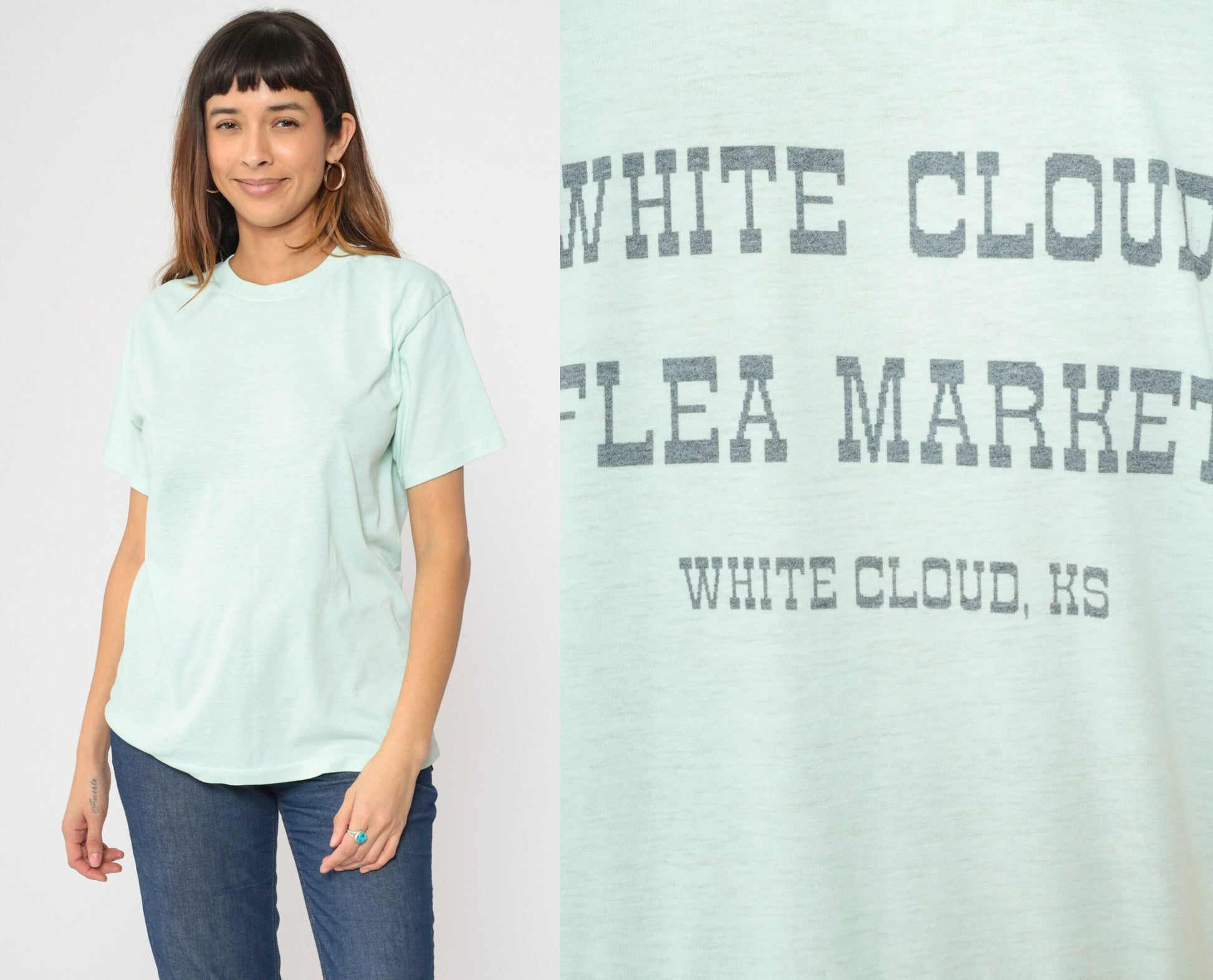 90s White Cloud Kansas Flea Market Graphic T-Shirt Mint Blue Single Stitch Medium